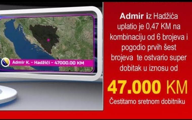 Kakva sreća: Admir iz Hadžića uplatio 47 feninga i zaradio 47.000 KM!
